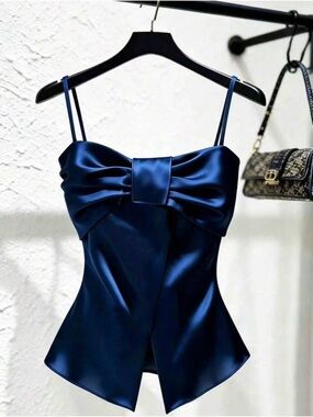 Navy Satin Bow-Front Spaghetti Strap Camisole